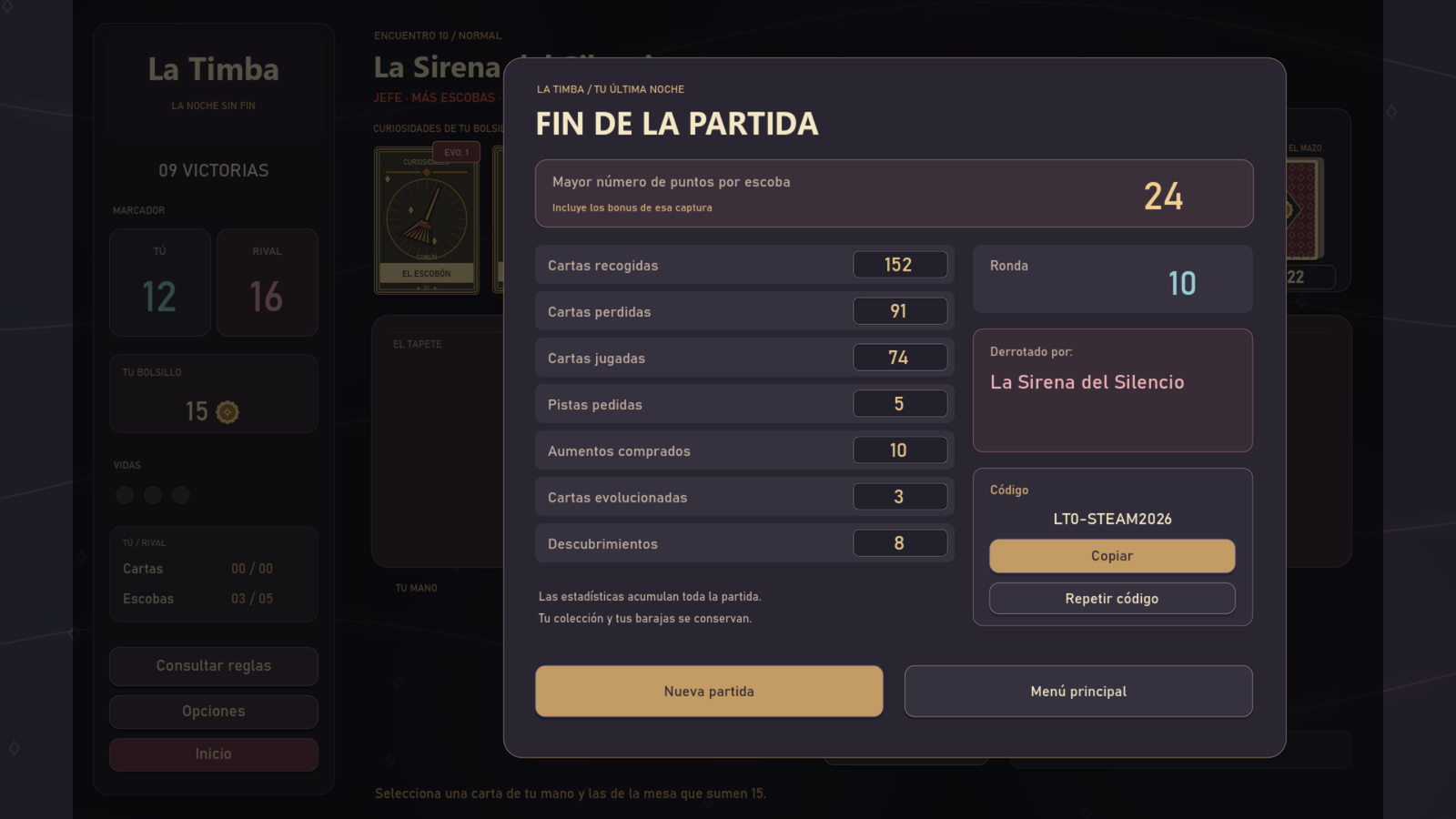 Pantalla para introducir un código de partida en La Timba